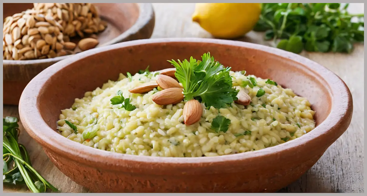 Leek and watercress risotto in terracotta, captured at a Dutch angle. Garnished with watercress and lemon zest, warm backlighting adds rustic charm. Leek and watercress risotto