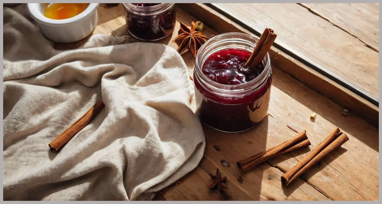 Overhead flat lay of plum and vanilla jam on a wooden table, surrounded by vanilla pods, cinnamon sticks, and fresh plums in morning light, Plum and vanilla jam