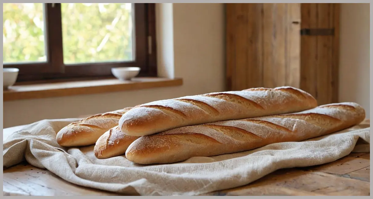 The Dusty Knuckle’s linseed baguettes arranged diagonally on linen in a farmhouse kitchen, dusted with rice flour, early morning light.