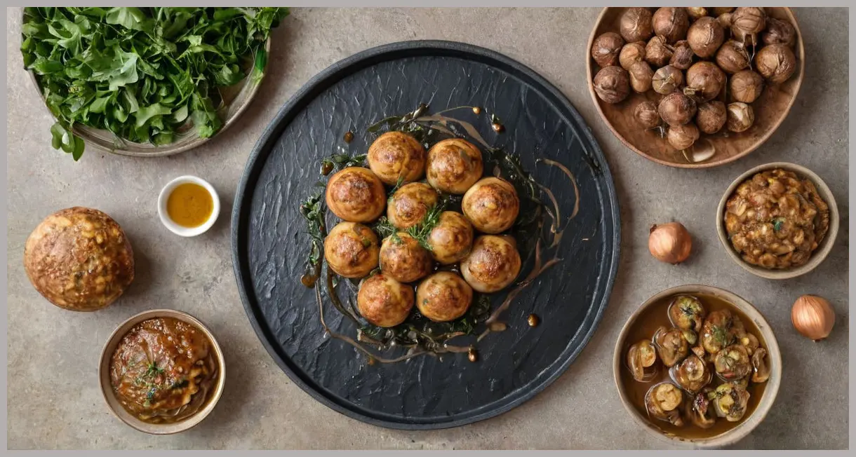 Top-down view of nut roast balls on slate, onion gravy swirled elegantly, surrounded by wilted greens. Nut roast balls, onion gravy and greens