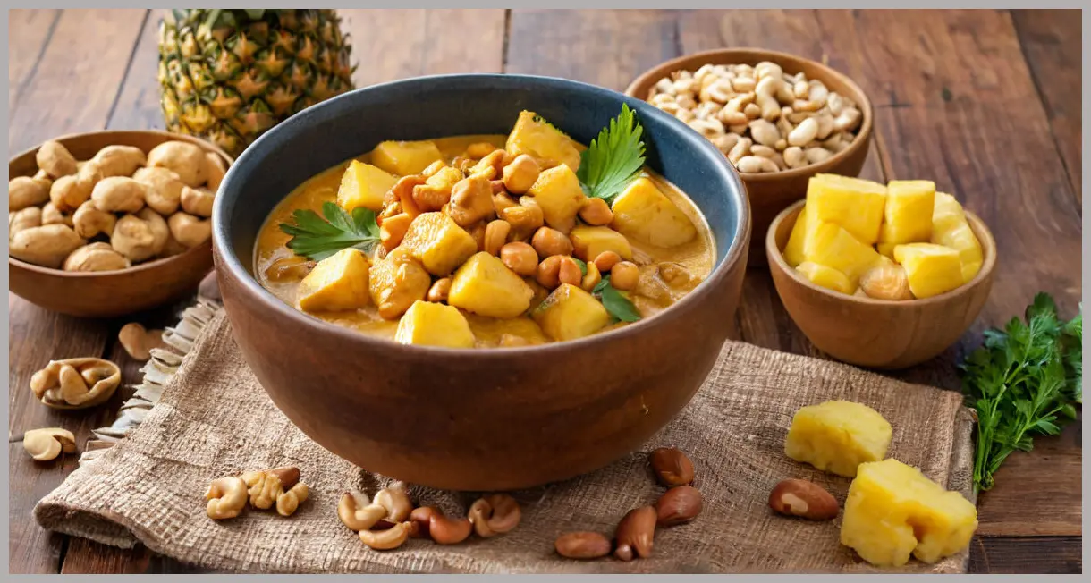 A wide-angle shot of curry on a wooden table, surrounded by pineapple, cashews, and coriander, bathed in golden hour light. Potato, pineapple and cashew curry