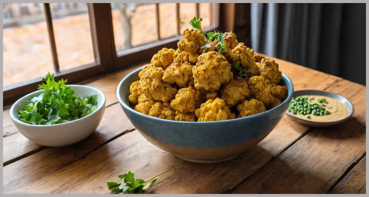 Whole roasted satay cauliflower on a wooden table with scattered spices, fresh ginger, and peanut sauce in soft natural light. Whole roasted satay cauliflower