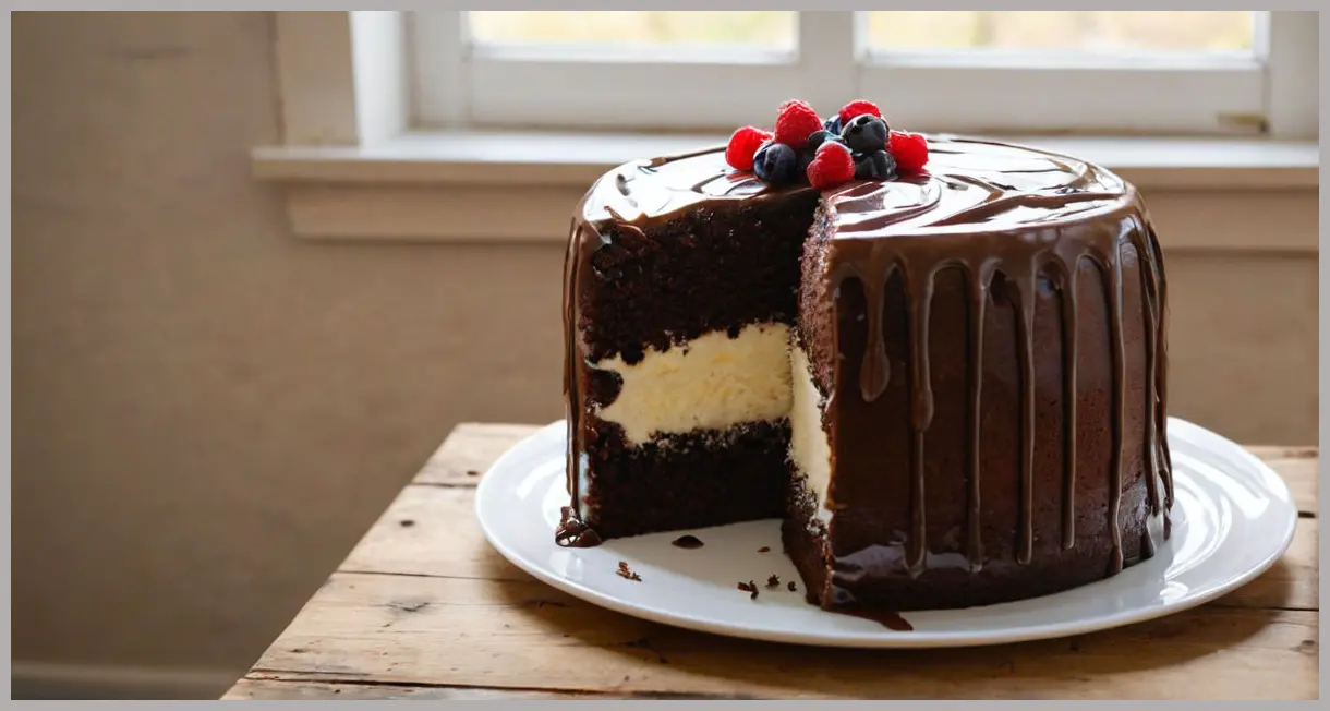 Vegan chocolate cake on a wooden table, three layers with jam and ganache, soft window light, cozy setting.