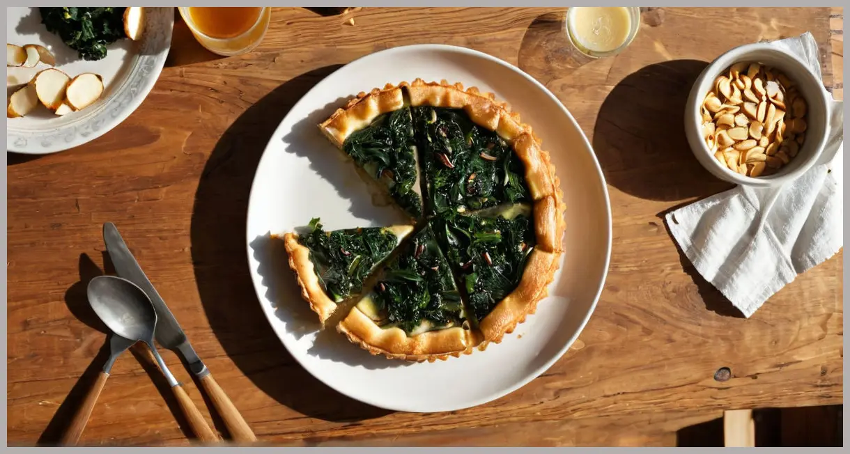 Overhead view of a sliced vegan tart with miso, frangipane, and onions on a wooden table, golden hour light. Vegan tart with miso, frangipane and onions