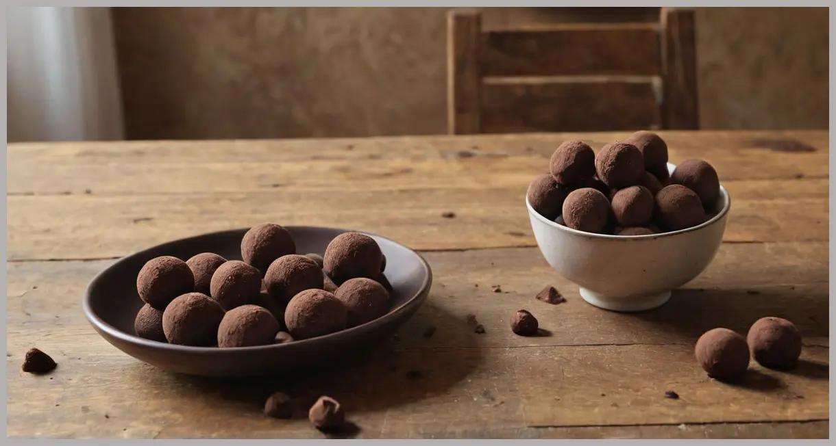 A rustic wooden table with scattered vegan chocolate truffles in a ceramic bowl, softly lit for a cozy feel. Paul A Young’s vegan chocolate truffles