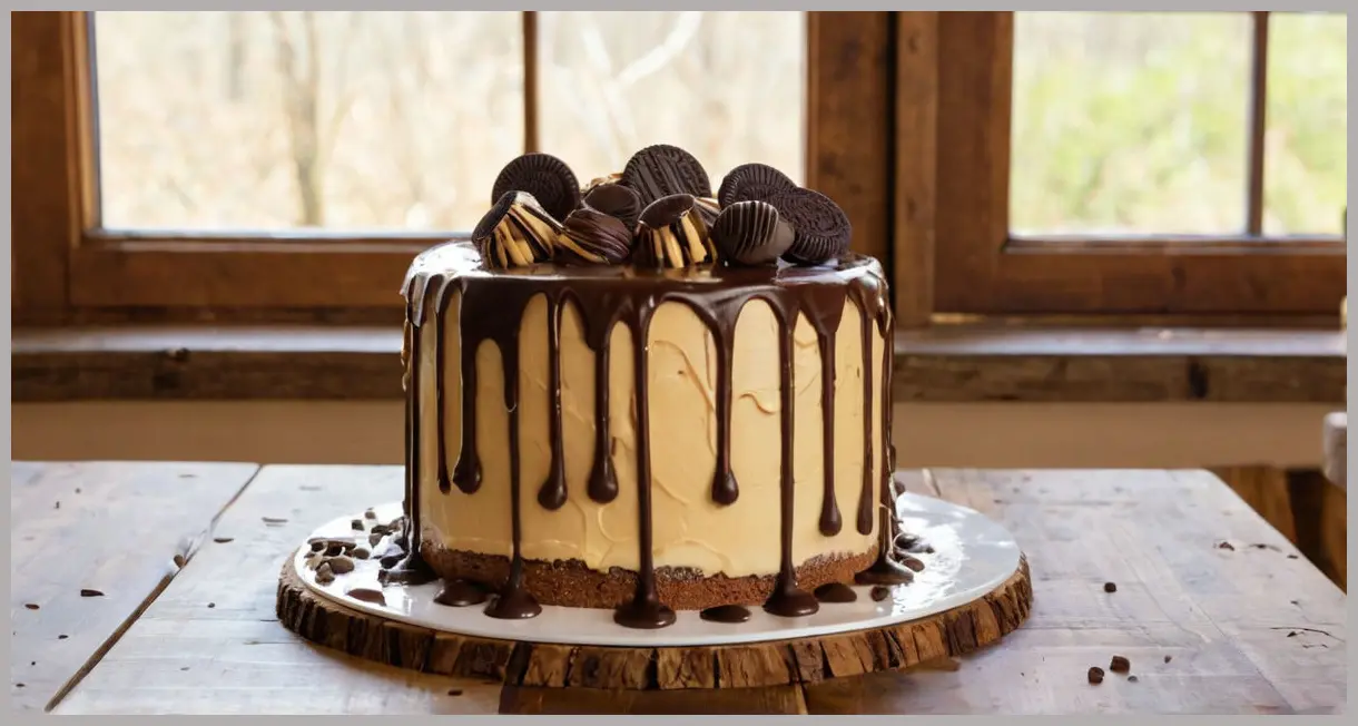 A wide shot of a peanut butter drip cake on a wooden table, bathed in soft window light, with chocolate layers, ganache drips, and Oreo decorations.