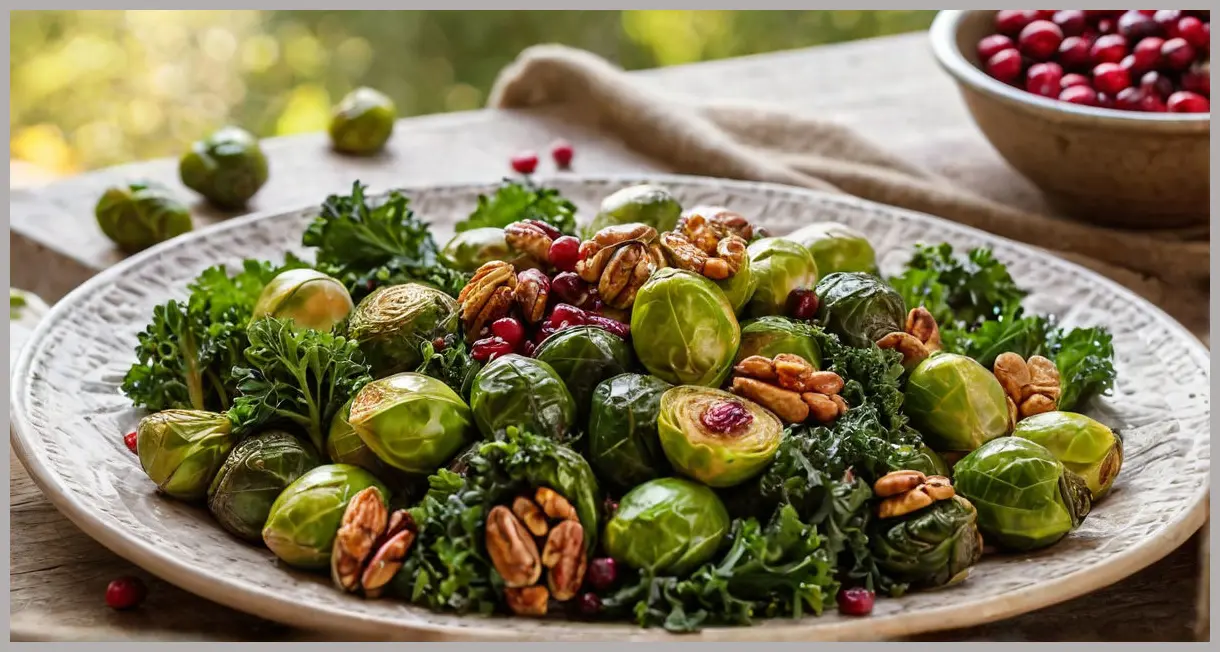 Wide-angle of a vintage platter with roasted Brussels sprouts, cranberries, and kale in golden hour light. Roast sprouts, cranberries and kale