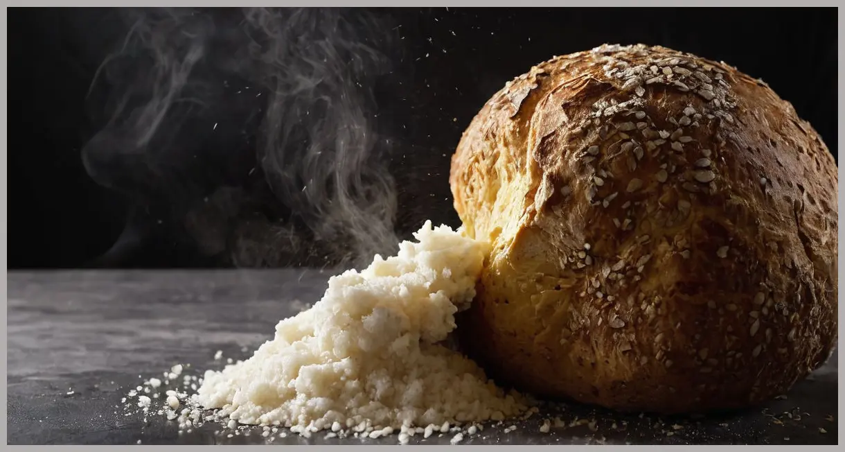 Dutch angle of steaming salt-encrusted celeriac with golden cracks. Dramatic side lighting and dark moody background for contrast.