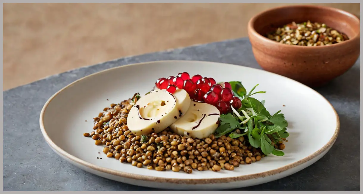Deconstructed plate with celeriac wedges, lentil salad in copper bowl, and tahini drizzle bottle. Dark slate background and earthy tones.