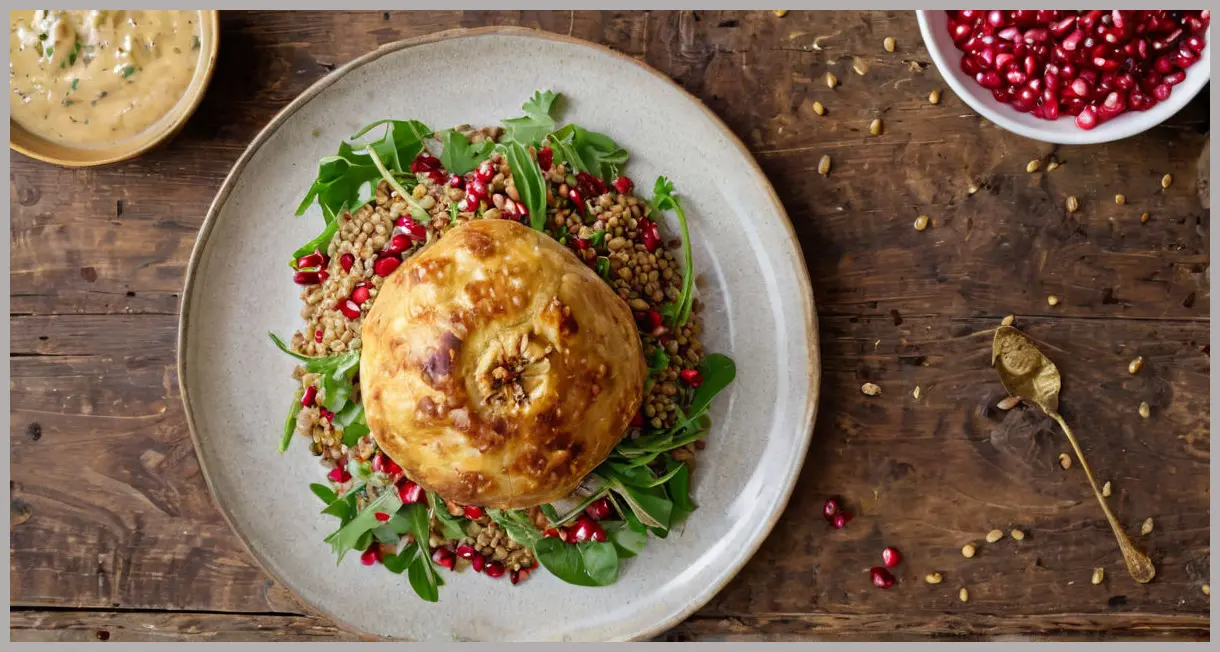 Overhead view of salt-baked celeriac with golden cracked crust, served with lentil salad and tahini drizzle. Warm, earthy tones on rustic wood.