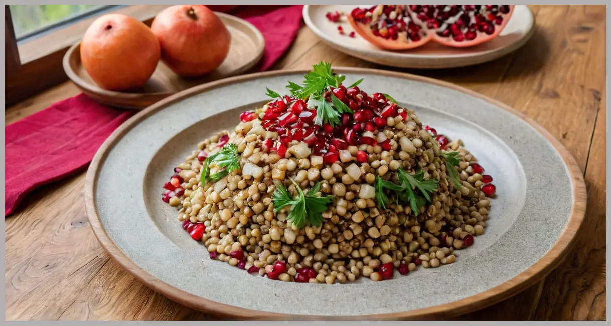 Wide shot of rustic platter with salt-baked celeriac slices, lentil salad, and tahini drizzle. Soft window light and warm neutral tones.