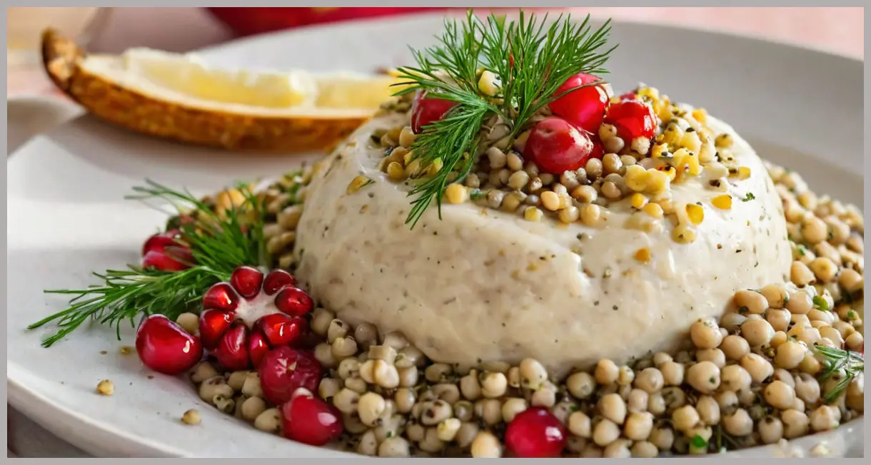 Close-up of salt-baked celeriac slice with creamy interior, tahini drizzle, and cumin seeds. Golden hour glow on lentil salad background.