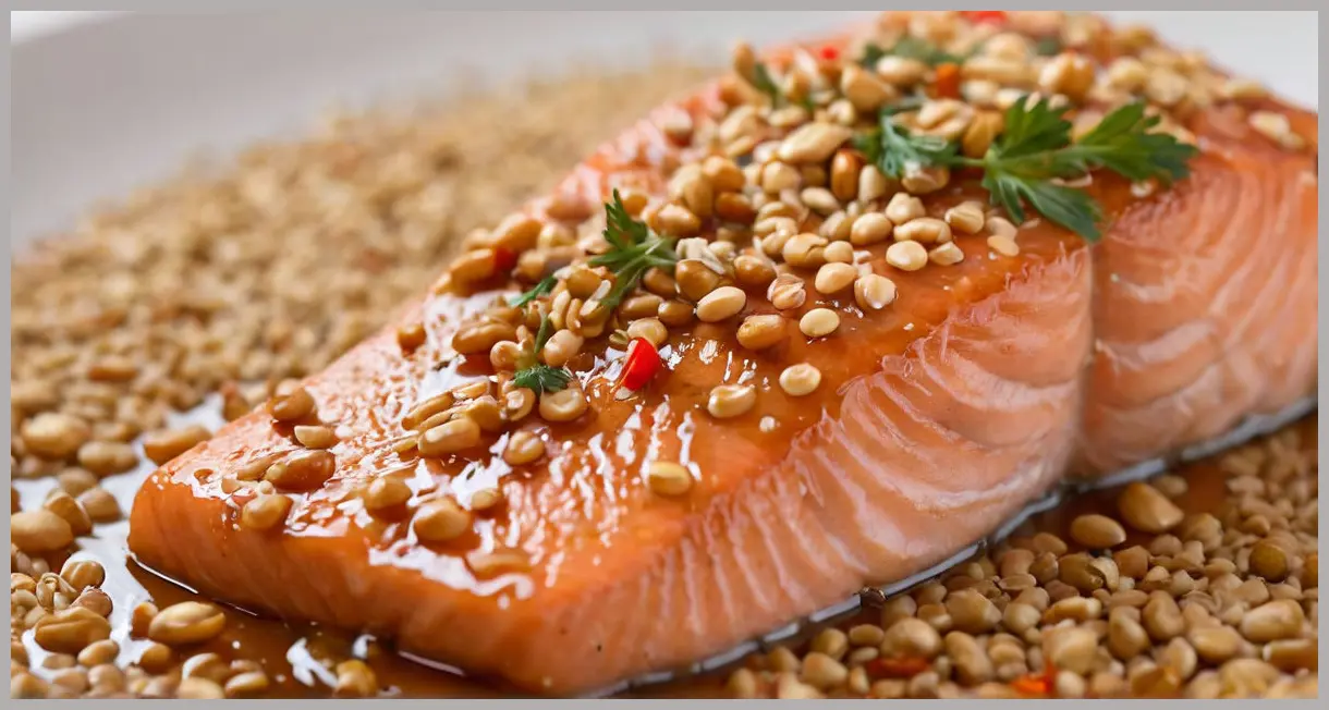 Extreme macro close-up of peanut, sesame and ginger sauce dripping from a wild Alaskan salmon flake, sesame seeds, herbs, and chili under soft backlighting.