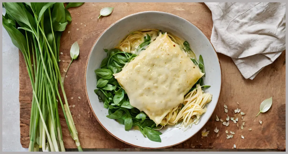 Top-down view of vegan wild garlic lasagne with fresh leaves, ceramic dish, and bubbling cheese in minimalist setting. Vegan wild garlic lasagne