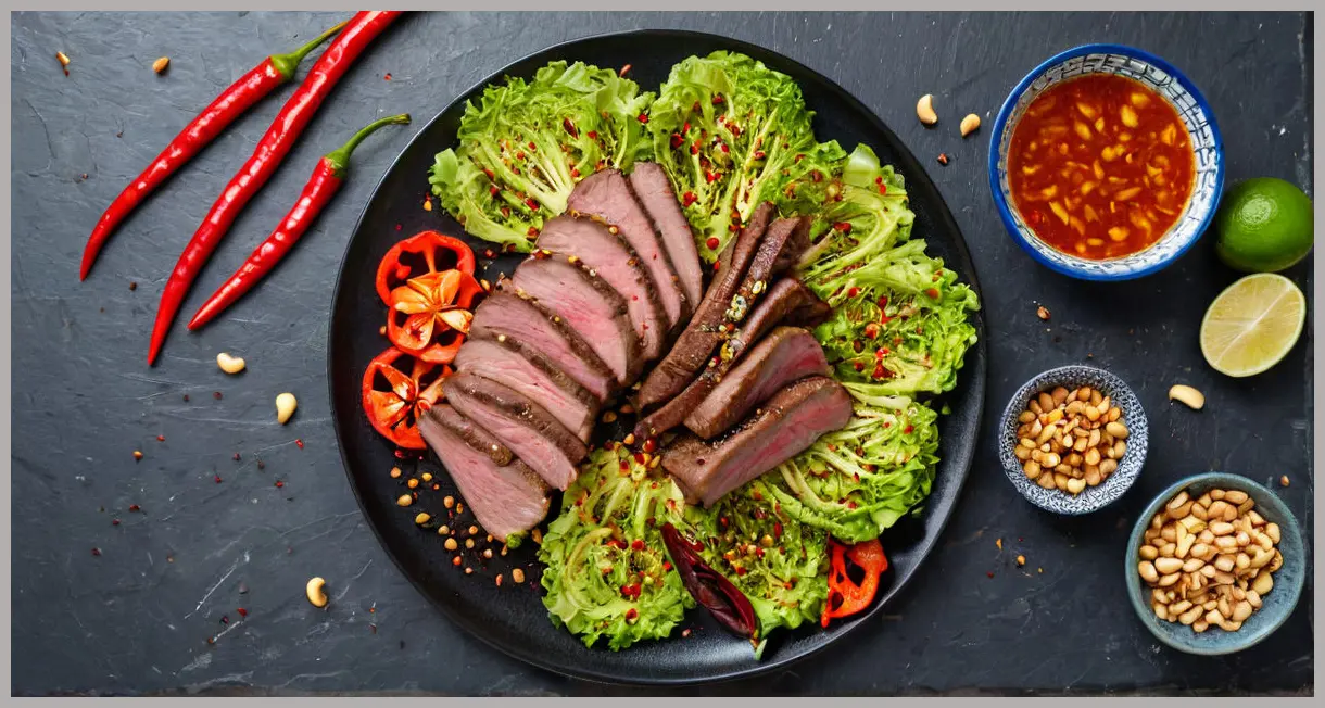 Overhead view of seared beef strips on savoy cabbage, topped with peanuts, lime, chilli, and star anise, drizzled with soy-lime sauce.