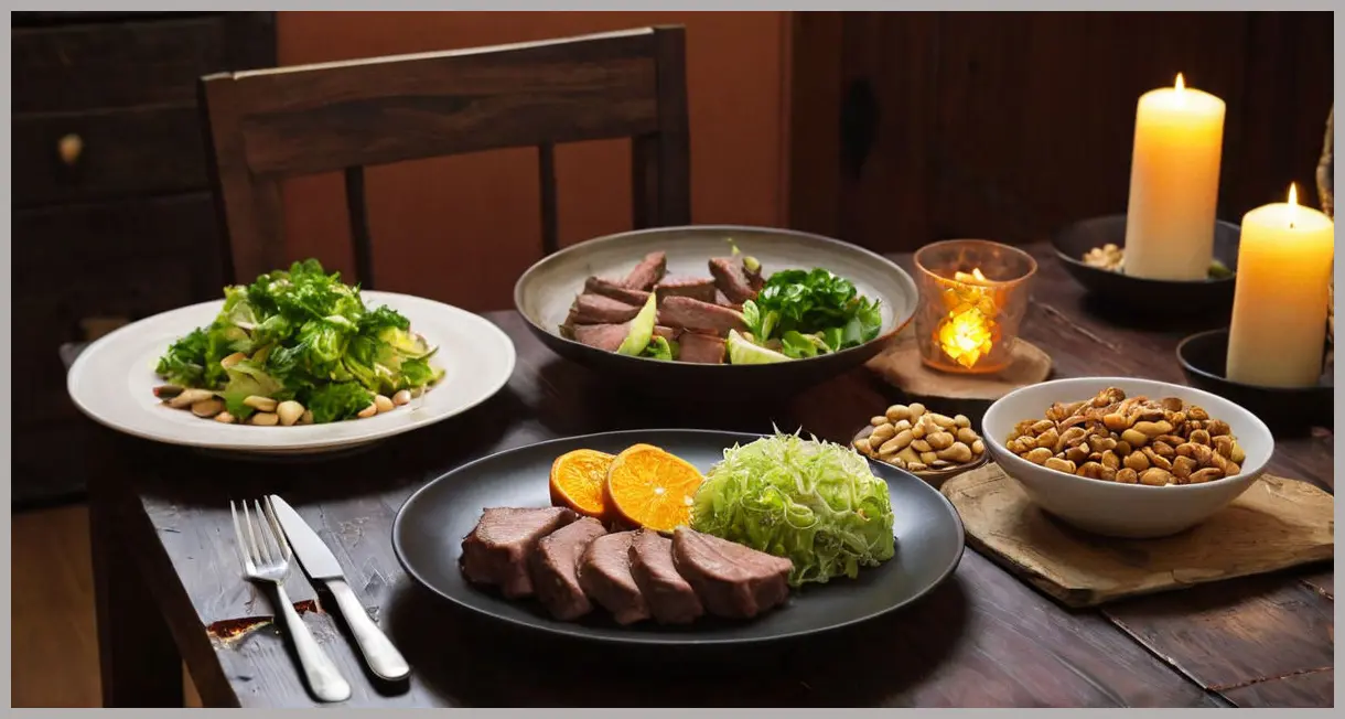 Wide-angle of two plates of seared beef and savoy cabbage on a dark wooden table, lit by candlelight with lime wedges and peanuts.