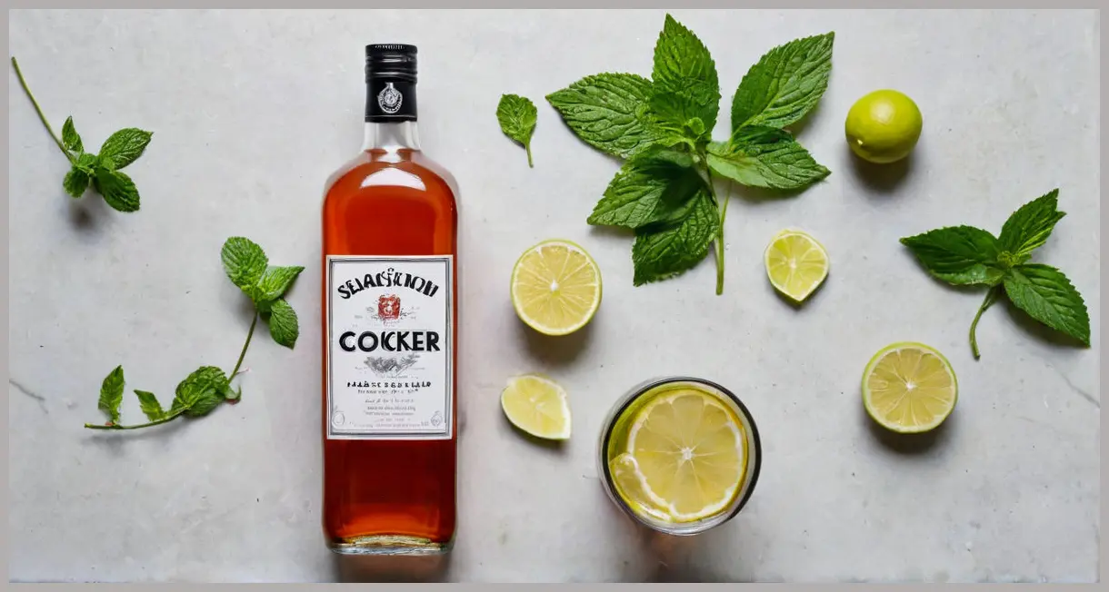 Secret garden cocktail ingredients, including blackcurrant syrup, gin, limes, mint, and ginger beer, arranged in a photorealistic overhead flat lay.