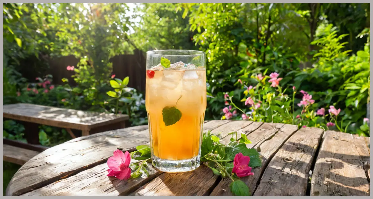 Secret garden cocktail glass on a rustic wooden table, surrounded by lush green garden foliage and soft dappled sunlight.