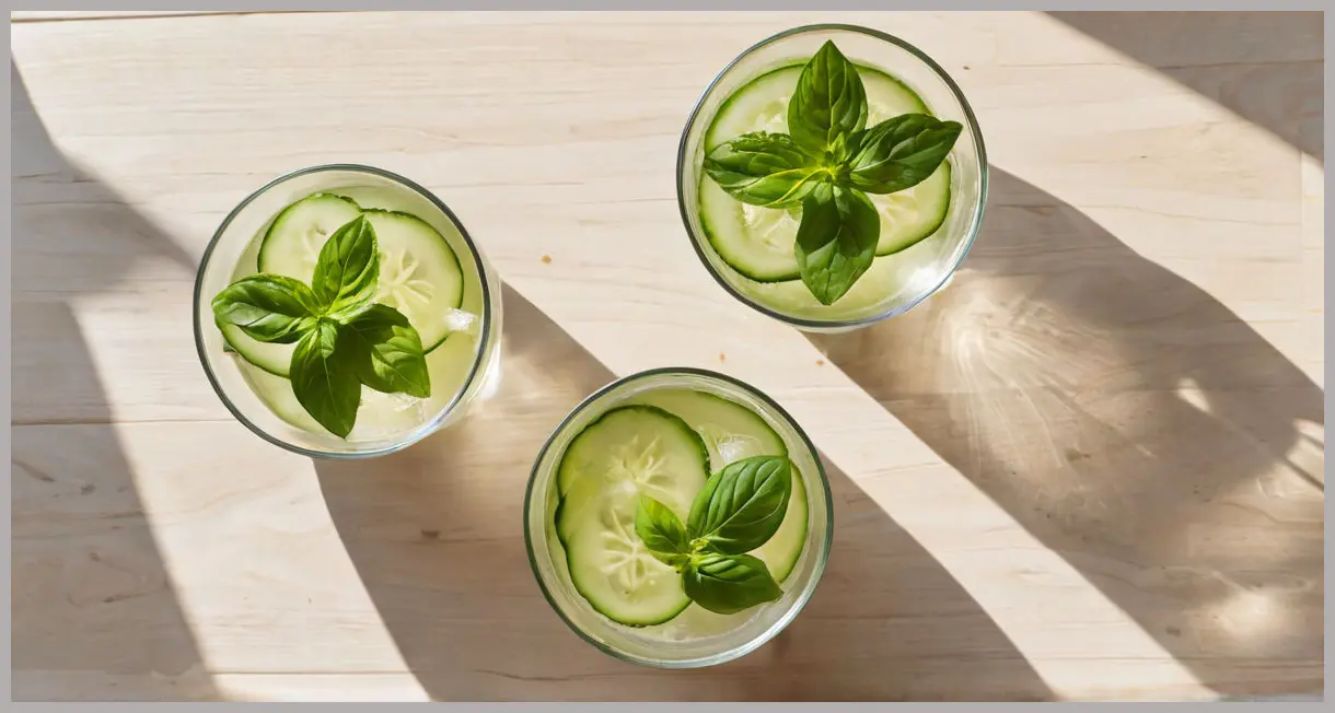 An overhead flat lay of two Cucumber and basil cocktails, brightly lit by diffused daylight, showcasing a minimalist and serene setup.