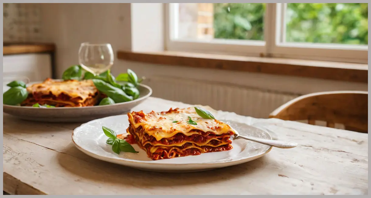 Two slices of Ultimate vegan lasagne plated on vintage ceramics, basil garnish, golden hour light, cozy kitchen background, wine glass.