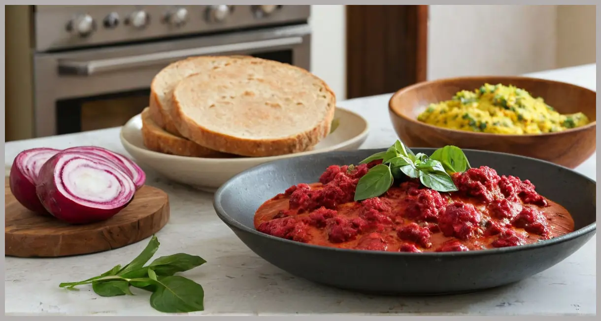 Wide shot of beetroot, spinach and coconut curry on a platter with naan, lime, and coriander, warm kitchen lighting.