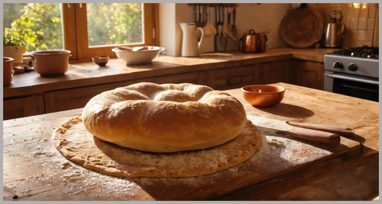 Freshly shaped pide dough ovals on a rustic kitchen table, bathed in golden hour backlight, with a wooden rolling pin and flour-dusted surface, evoking nostalgia. Pide dough