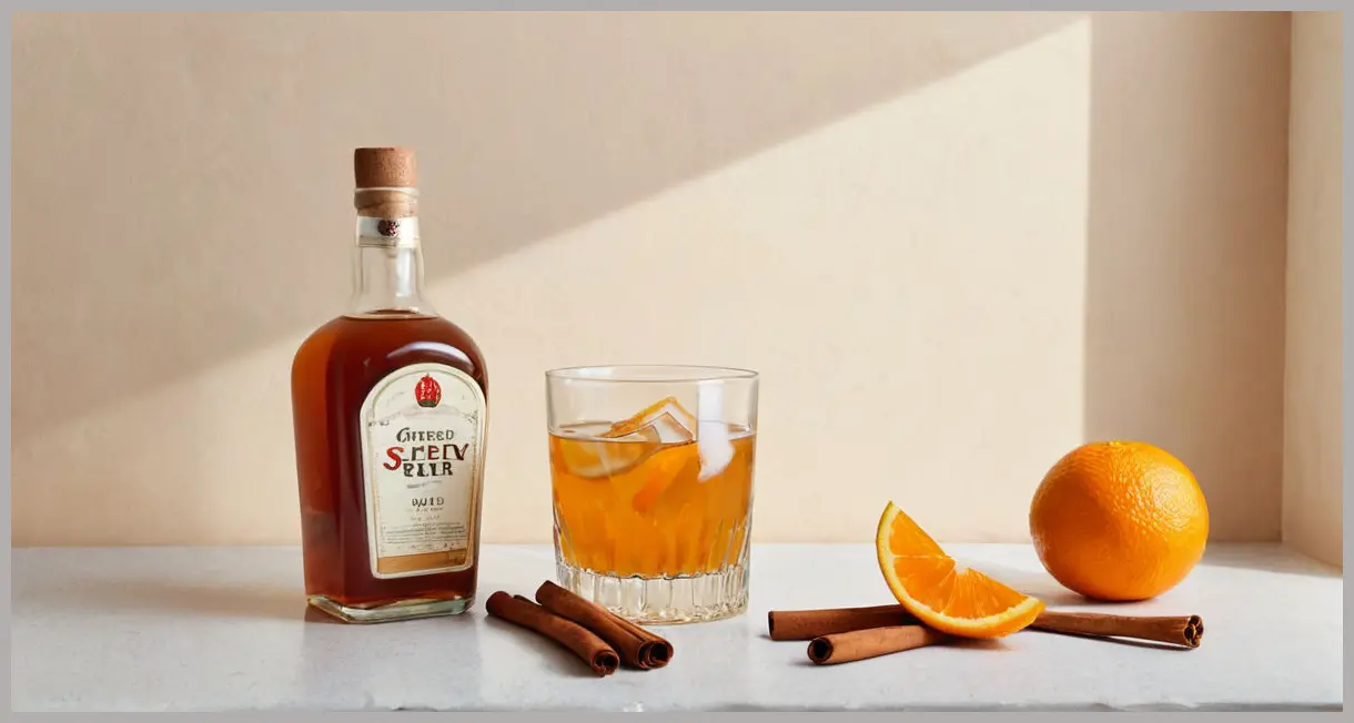 Overhead flat lay of sherry spritz ingredients: sherry, ginger syrup, oranges, and cinnamon on a pastel background. Sherry spritz