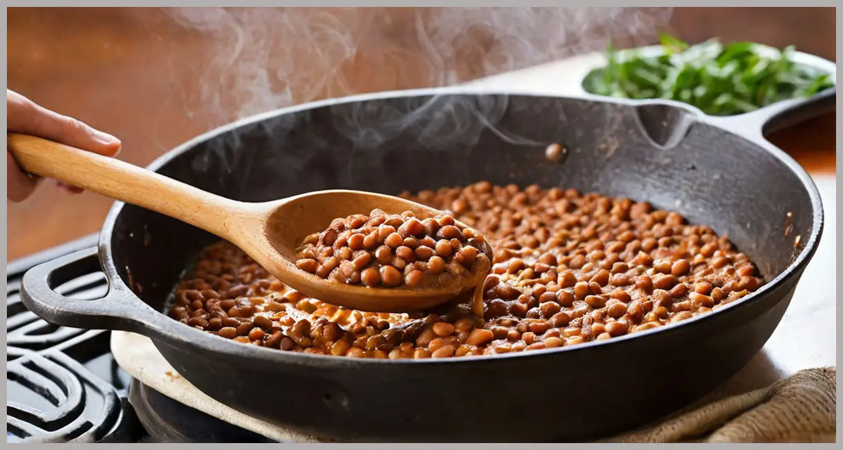 Close-up of a wooden spoon lifting creamy refried beans from a skillet, steam rising, with a blurred spice-filled background. Pressure cooker refried beans