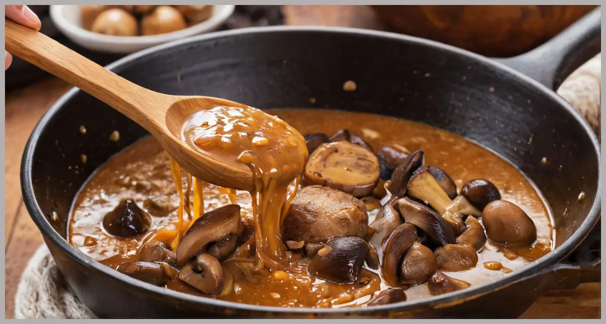 A ladle lifting thick Ultimate vegan gravy from a pot, revealing caramelized leeks and mushrooms in soft studio light. Ultimate vegan gravy