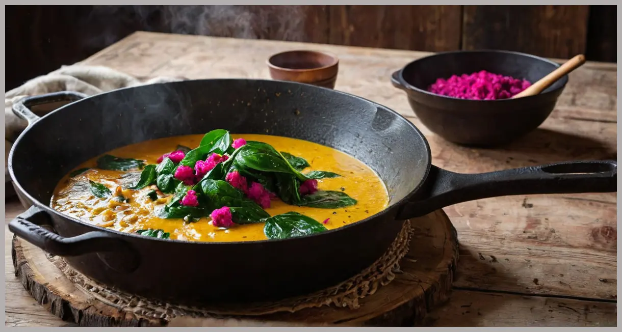 Dutch angle of simmering beetroot, spinach and coconut curry in a skillet, moody lighting, bubbles and steam rising.