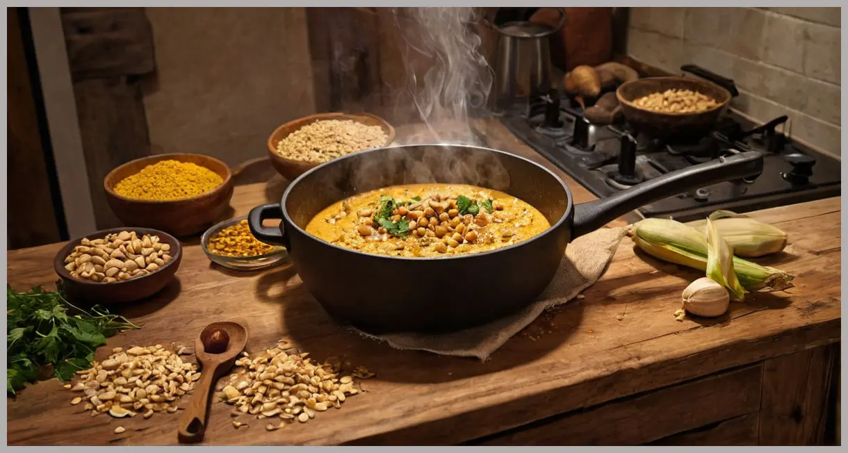 Corn on the cob peanut curry simmering in a pot on a kitchen countertop, warm tungsten lighting, steam rising, crushed peanuts and coconut milk.