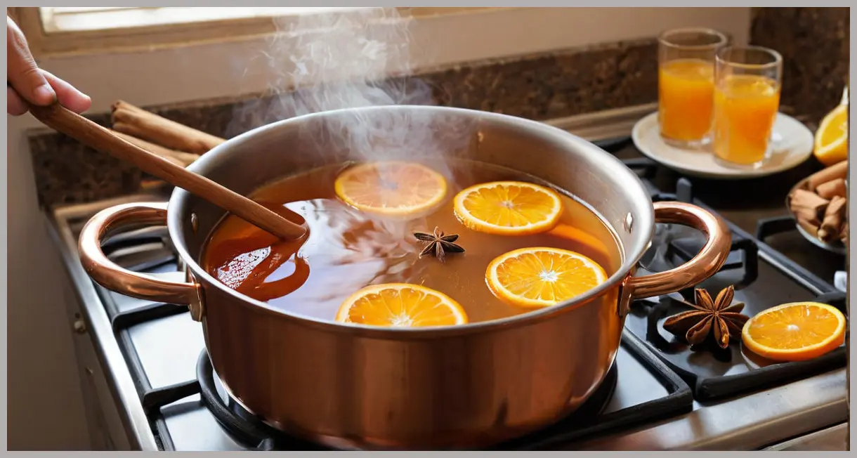 Mulled chai cider gently simmering in a steaming copper saucepan on a stovetop, with visible cinnamon sticks, star anise, and orange slices, under warm golden hour light.