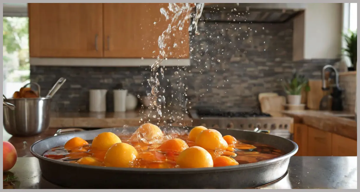 Pickled peaches simmering in a pot, steam rising with floating peach halves and swirling spices, captured in dynamic, vibrant detail.