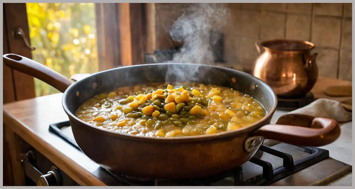 Runner bean and apple chutney bubbling in a preserving pan during golden hour, steam rising, wooden spoon on edge, cozy kitchen.