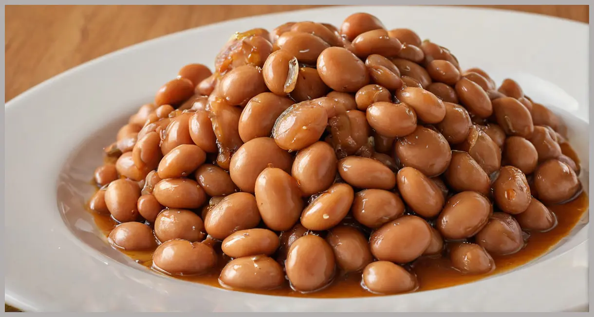 Macro shot of a single butter bean from Prebranac (caramelised-onion baked beans), glistening with caramelised onion glaze, soft focus edges, warm golden hue.