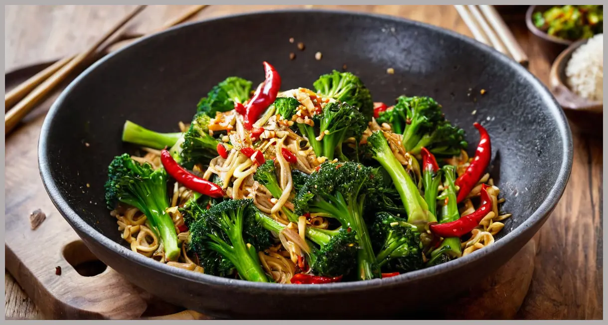 Dynamic shot of purple sprouting broccoli stir-frying in a wok with garlic, chilli, and steam. Garlic and chilli purple sprouting broccoli