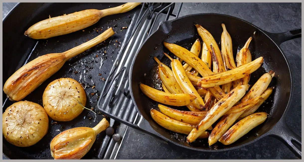 Dutch angle shot of a cast-iron skillet with sizzling Marmite parsnips and poppy seeds, warm tungsten glow. Marmite parsnips with poppy seeds