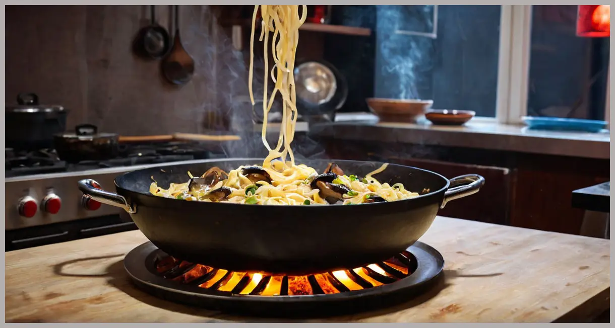 A dynamic shot of sizzling Chinese noodles with mushrooms in a wok, neon-lit kitchen, steam rising, glossy sauce. Chinese noodles with mushrooms
