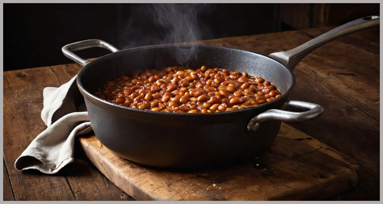 Dutch angle shot of sizzling Prebranac (caramelised-onion baked beans) in a cast-iron skillet, golden crust, steam rising, dark rustic background. Moody and cinematic.