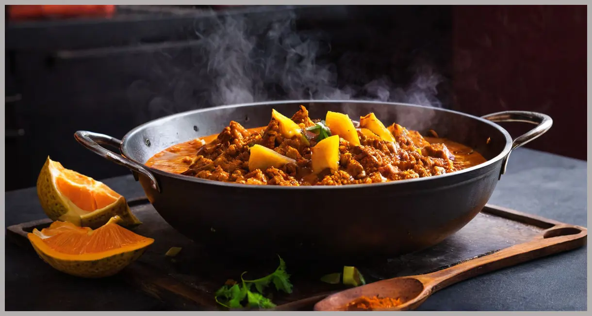 A sizzling kadai of vegan jackfruit masala under neon glow, steam rising, vibrant spices, and dramatic shadows. Intense and dynamic. Vegan jackfruit masala