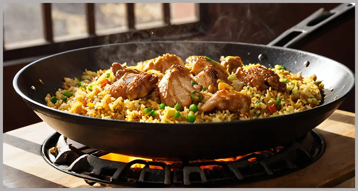 Close-up of sizzling chicken and egg fried rice being tossed in a wok, oil glistening, charred grains visible. Dynamic kitchen scene. Chicken and egg fried rice
