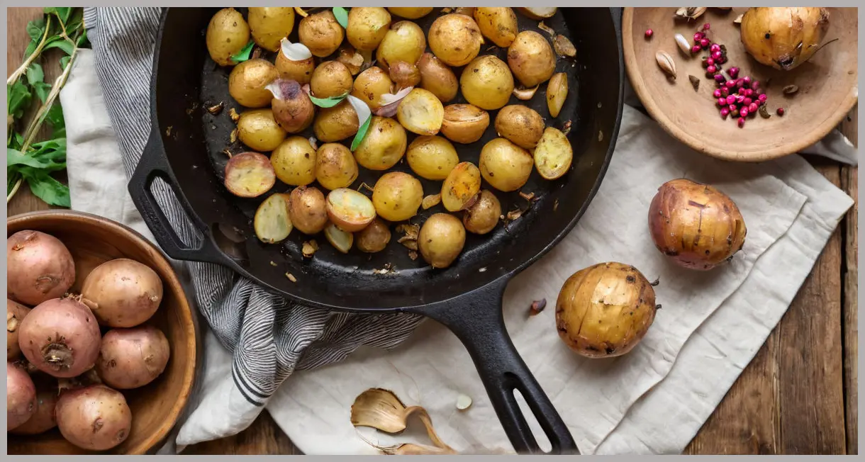 Garlic roast potatoes with bay leaves in a cast-iron skillet, overhead view with golden garlic, crisped bay leaves, and pink peppercorns.