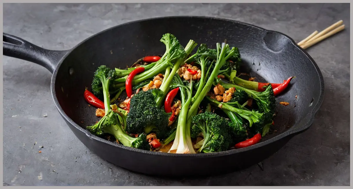 Purple sprouting broccoli sizzling in a cast iron skillet with ginger and chilli. Garlic and chilli purple sprouting broccoli
