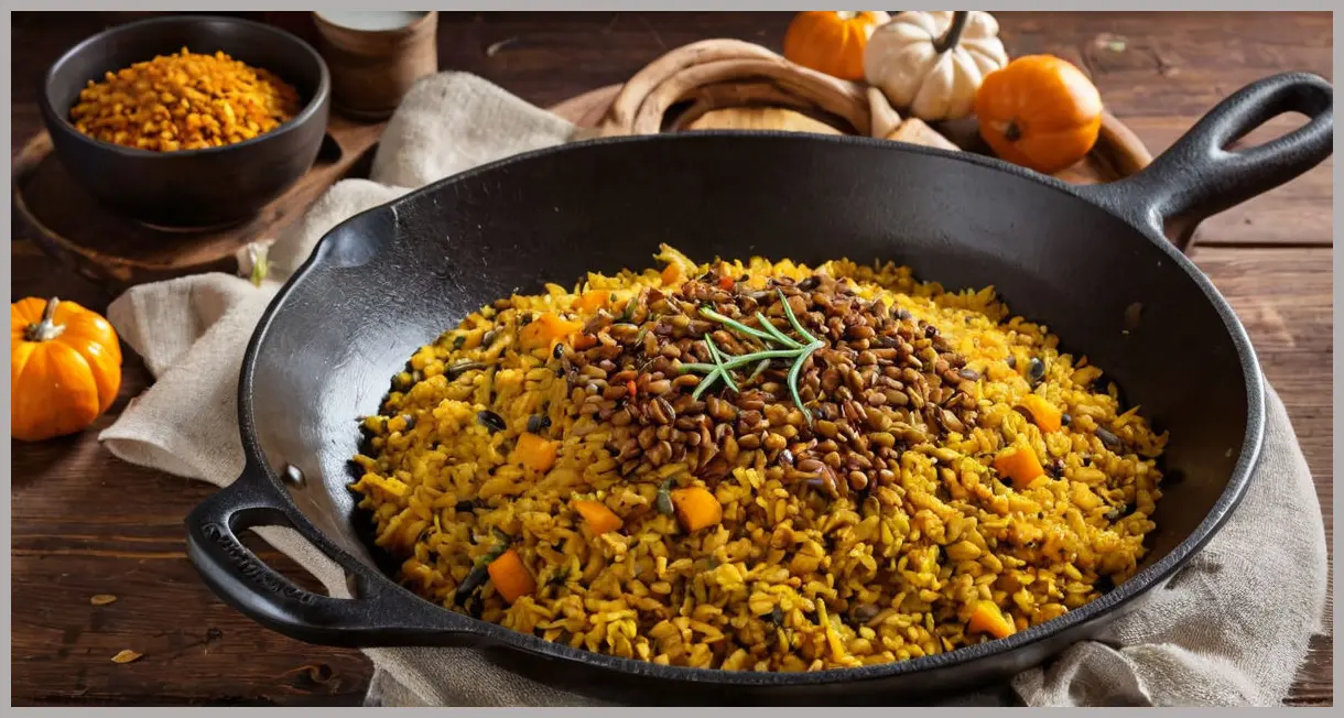 Wide-angle shot of a cast-iron skillet filled with spiced rice and lentils with roast squash, moody side lighting, steam rising, scattered cumin seeds.