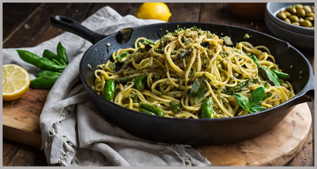 Dutch angle shot of a cast-iron skillet filled with vegan pesto spaghetti, charred courgettes, and lemon wedges, steam rising dramatically.