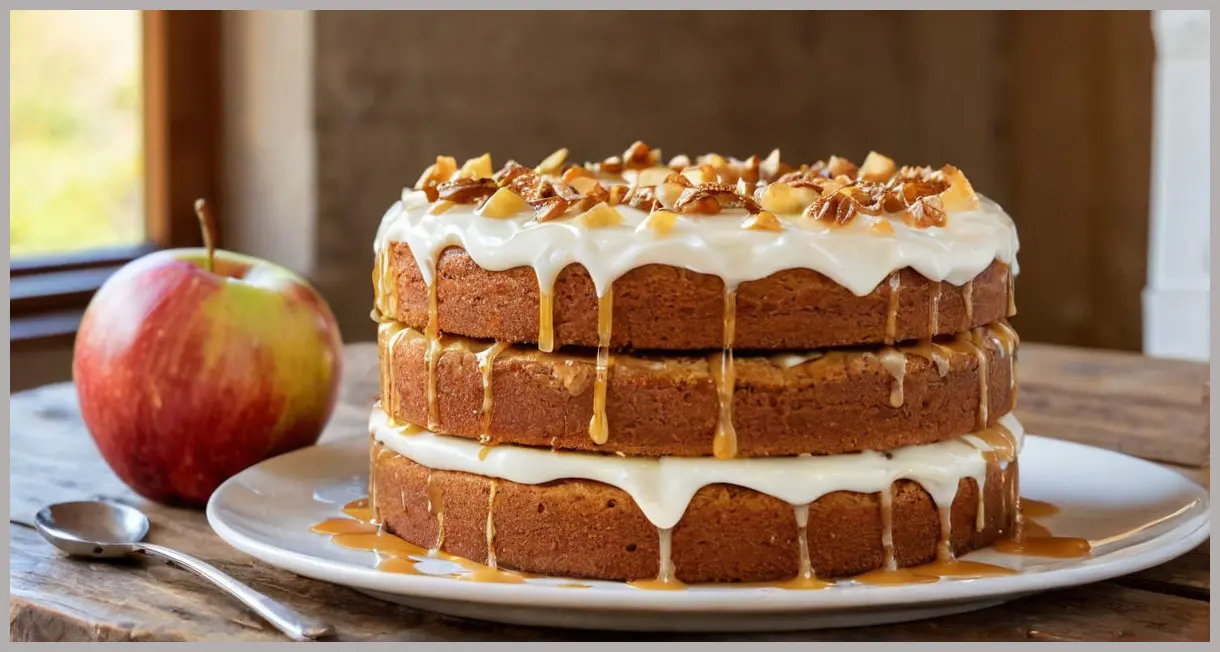 Apple caramel layer cake sliced open, revealing three moist apple sponge layers with Greek yogurt frosting and caramelized apples, golden caramel drizzle, close-up on rustic wood.