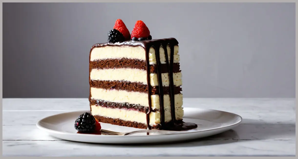 Dutch angle shot of a sliced Chocolate Celebration Layer Cake, six layers, butter icing, ganache, blackberry coulis, dramatic lighting, luxurious presentation.