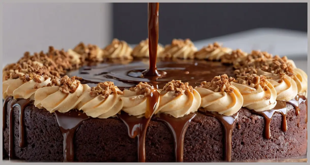 A close-up of freshly sliced Chocolate Cola Cake, showcasing moist layers and glossy ganache under soft studio light.