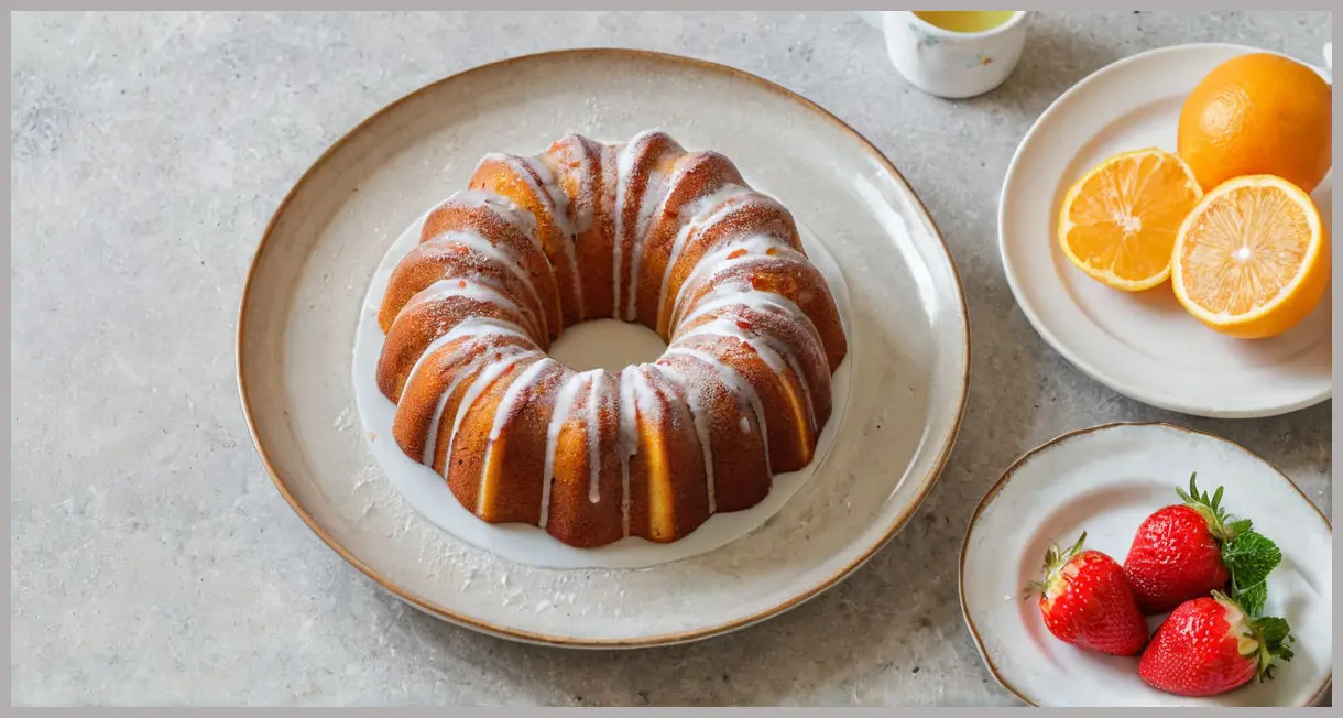 Overhead view of a sliced bundt cake with strawberries, cucumber, and mint on ceramic. Summer-cup bundt drizzle cake
