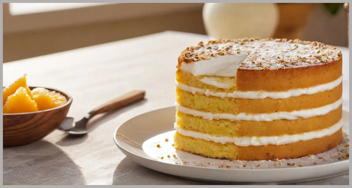 Classic sponge cake sliced at 45 degrees, golden hour backlight, passionfruit cream layers exposed, icing sugar sparkling, warm celebratory tones.